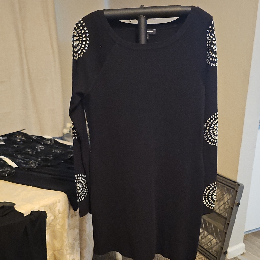 INC International Concepts Black Tunic Dress with White Embellishments